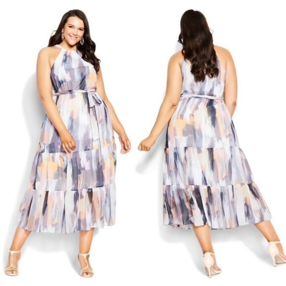 City Chic Women's Halter Printed‎ Terred Maxi Dress Geometric Party Gray Size 14